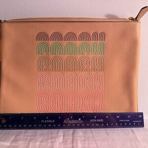 Coach Peach Pebbled Leather Logo Wristlet with Green and Pink Accents